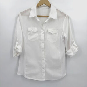 Womens White Cotton Button Front Shirt Roll Tab Sleeve Utility Blouse Size M